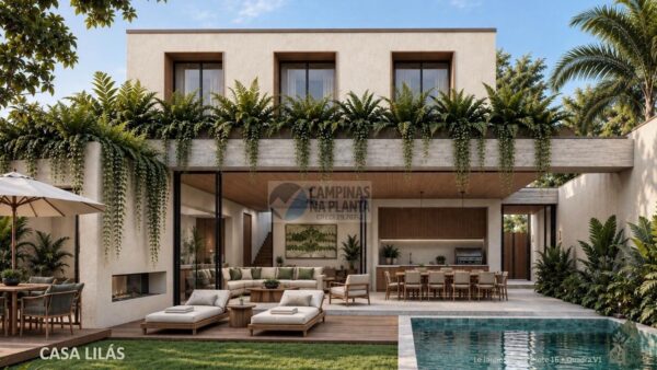 Piscina e fachada dos fundos da Casa Lilás no Le Jardin, Campinas
