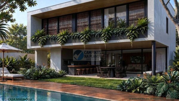 Piscina e fachada dos fundos da Casa Magnólia, Casas Vert, em Campinas