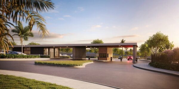 Perspectiva da portaria do Gran Reserva Treviso, loteamento em Paulínia