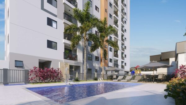 Piscina do Liv Mansões em frente à torre residencial
