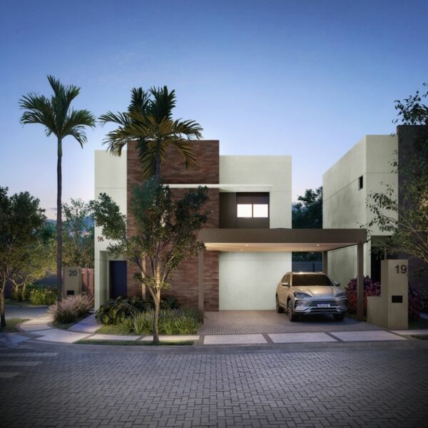 Fachada do modelo sobrado do Residencial Maziero em Betel, Paulínia, SP