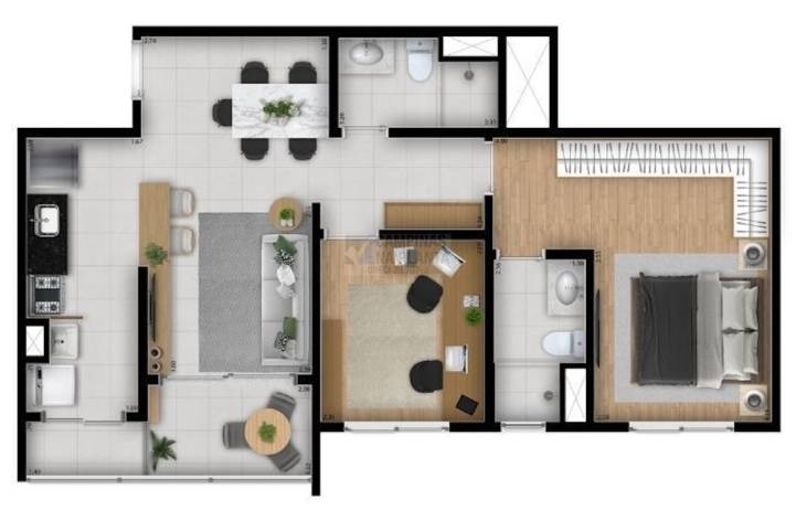 Oben Mansoes Planta 61m2 1 Suite Office Cozinha Americana
