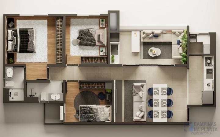 planta apto 1 suite e 2 quartos