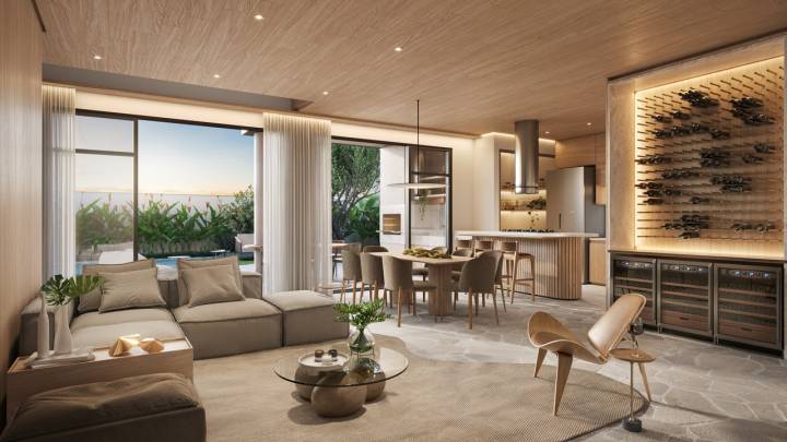 Living integrado da Casa Aura, um novo lançamento de casas na planta em Campinas, no condomínio Casa da Mata Gramado.