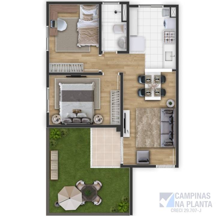 planta terreo 2 quartos com jardim descoberto