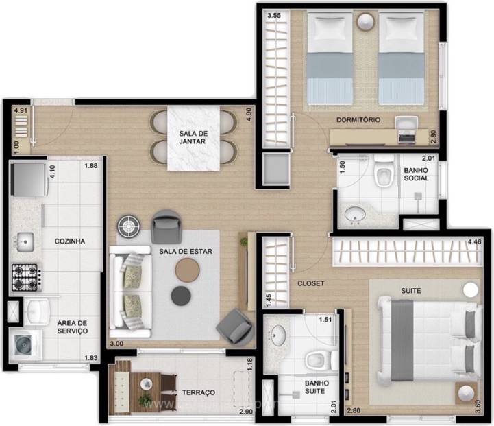Planta humanizafa de 67m² com 2 dormitórios (sendo 1 suíte)