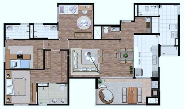 Planta de 134m2 com cozinha aberta e home office Art Vitta