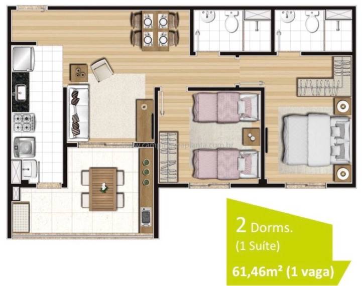Planta de 61m² com 2 dormitórios (sendo 1 suíte)