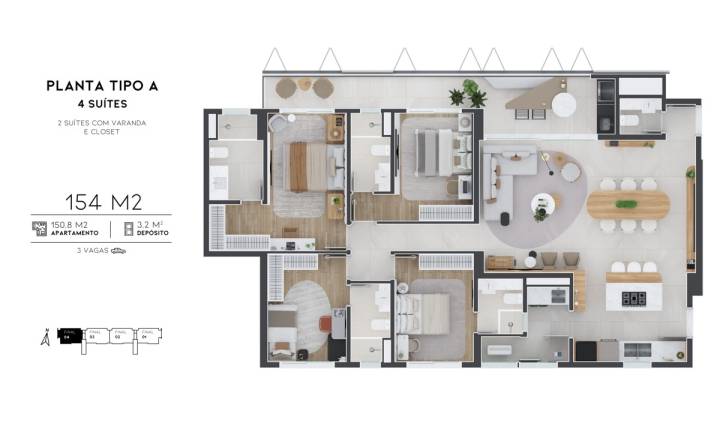 Planta tipo a avenida 105 do Avenida 105ncom 154 m² e 4 suítes