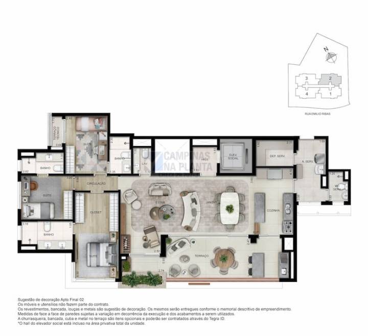 alenza cambui planta opção 157 m2 3 suites sala ampliada cozinha aberta