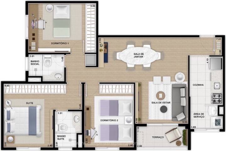 Planta padrão humanizada de 85m² com 3 dormitórios (sendo 1 suíte)