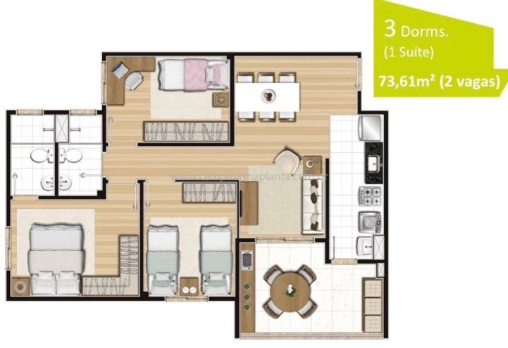 Planta de 73m² com 3 dormitórios (sendo 1 suíte)
