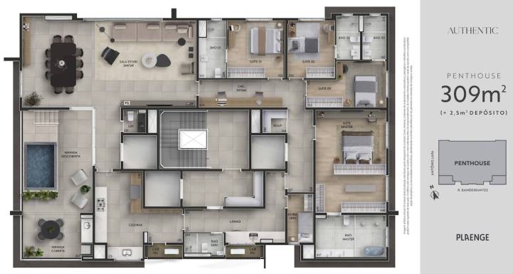 Planta penthouse 309m² no Authentic Cambuí