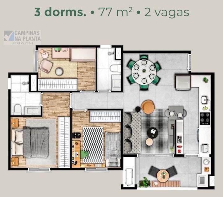 planta humanizada dos apartamentos com planta de 77 m² do Ecovila Genebra, breve lançamento no Swiss
