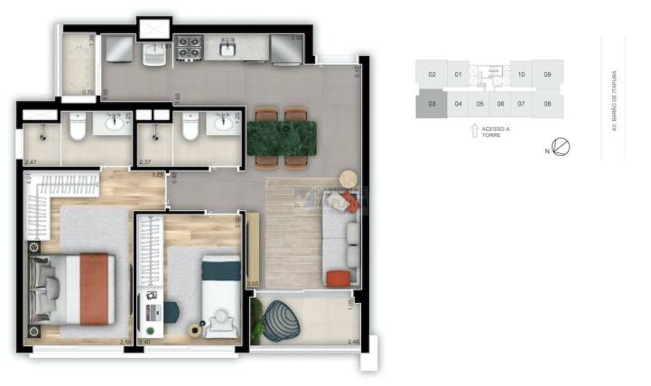 planta tipo 2 quartos do My Way Guanabara