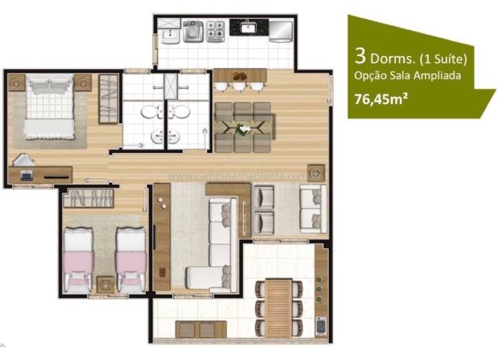 Planta opção de 76m² com living ampliado e 2 dormitórios (sendo 1 suíte)