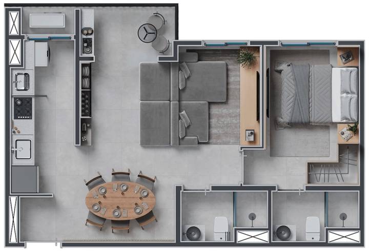 Planta de 51m² com conceito super living no Residencial San Pietro