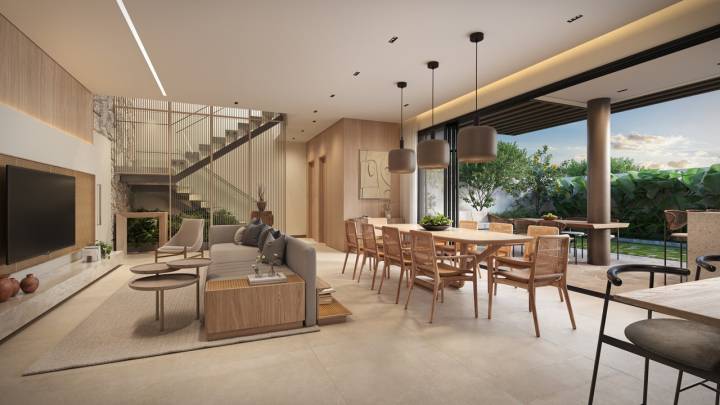 Living integrado da Casa Petra, um breve lançamento em Gramado, com casas na planta em Campinas, no condomínio Casa da Mata Gramado.
