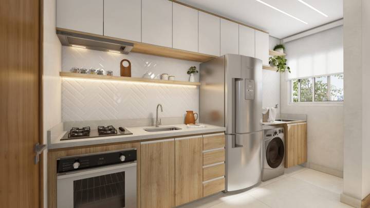 Perspectiva de Cozinha moderna no apartamento do Recanto das Pérolas