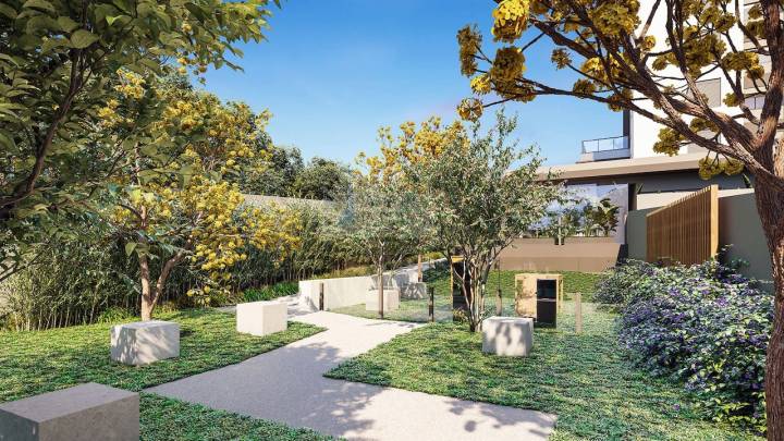 perspectiva ilustrada do paisagismo do Essential Cambuí da Plaenge