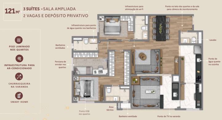 Living Grand Wish Nova Campinas Planta 121 M2 3 Suites Sala Ampliada