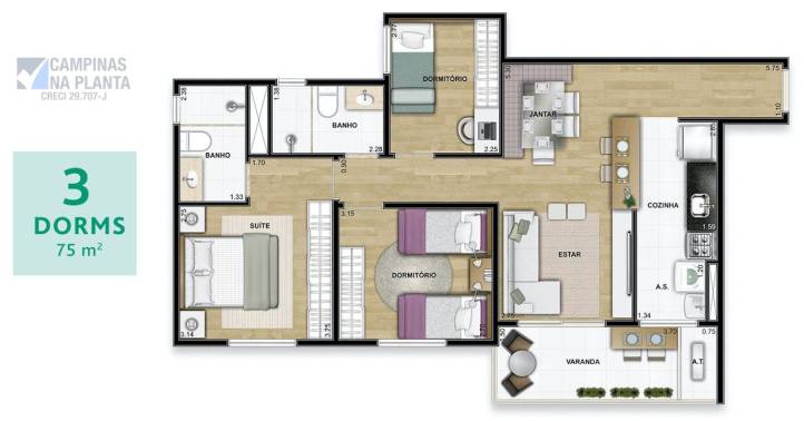 wish taquaral planta de 75 m² com 3 quartos (1 suíte)