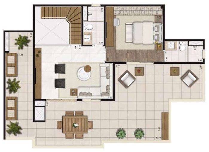 Planta opção humanizada do apartamento duplex de 204m² (sendo ~47m² descobertos)