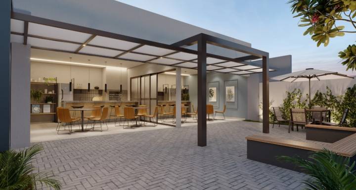 Área de churrasqueiras do Brisas Bella Città com espaço para convivência.