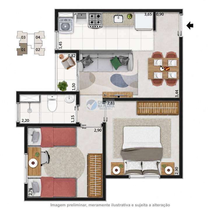 Planta de apartamento tipo e PCD de 39 m²