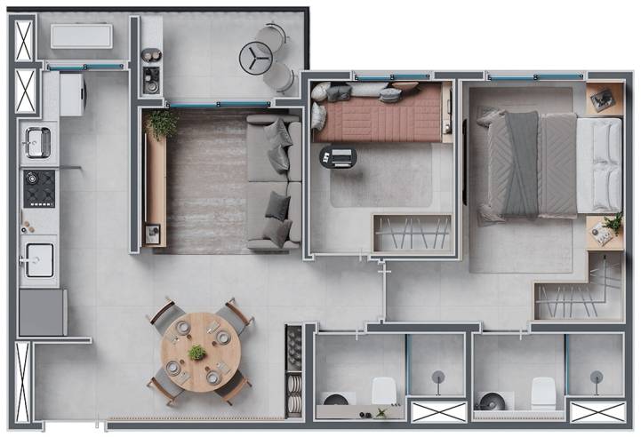 Planta de 51m² com ambientes integrados no Residencial San Pietro