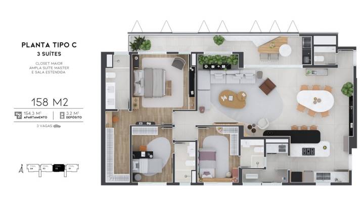 Planta tipo c avenida 105 do Avenida 105 158 m² com 3 suítes