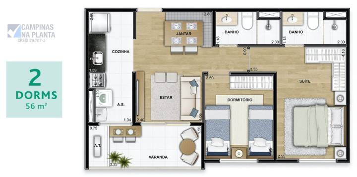 wish taquaral planta de 56 m² com 2 quartos (1 suíte)