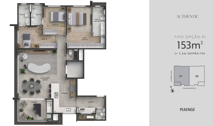 Planta apartamento 153m² com cozinha aberta no Authentic Cambuí