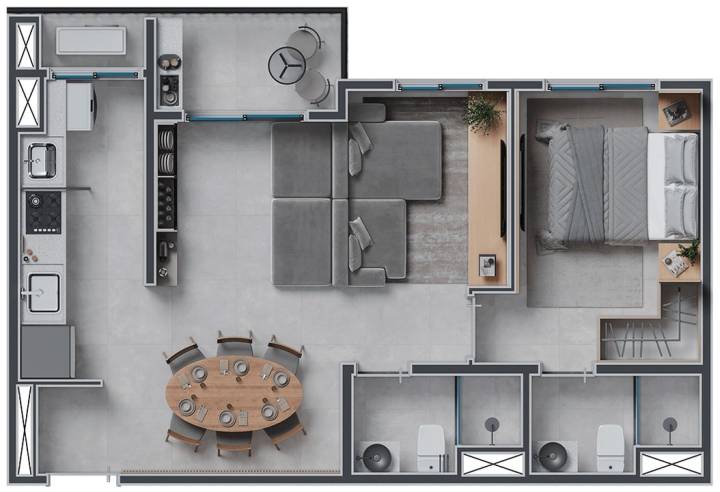 Planta de 51m² com sala estendida no Residencial San Pietro