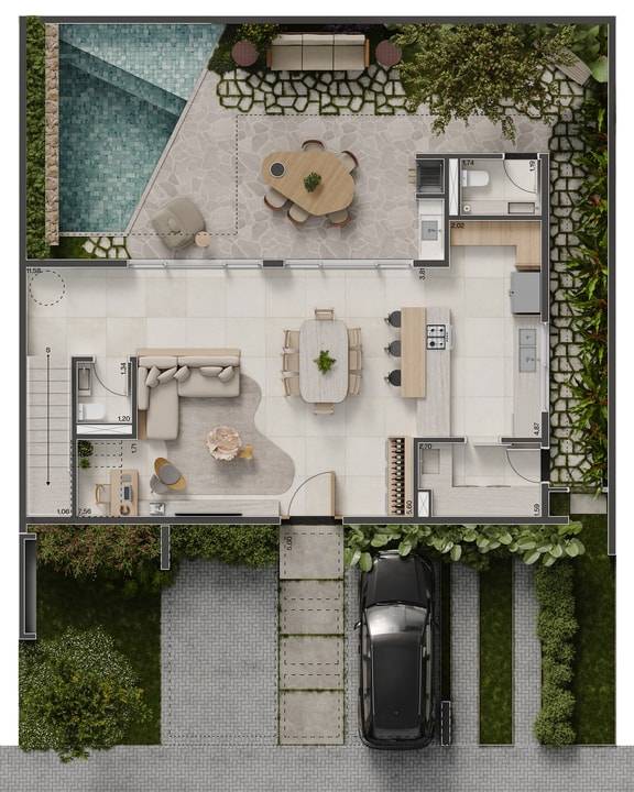 Planta do pavimento térreo da Casa Aura no condomínio Casa da Mata Gramado, um novo lançamento de casas na planta em Campinas.