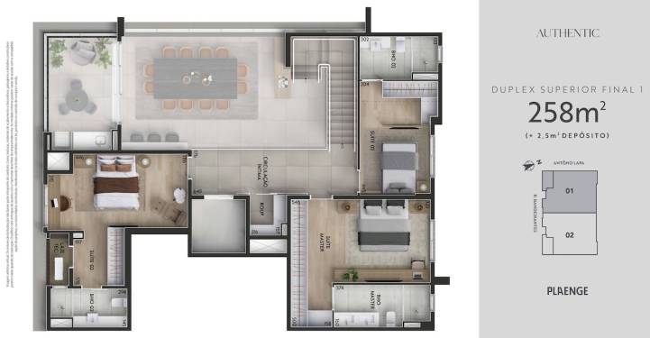 Planta pavimento superior duplex 258m² no Authentic Cambuí
