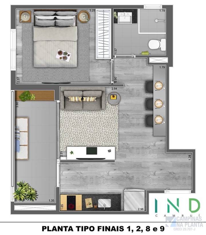 Planta 39,53m² do Ind, lançamento no Cambuí