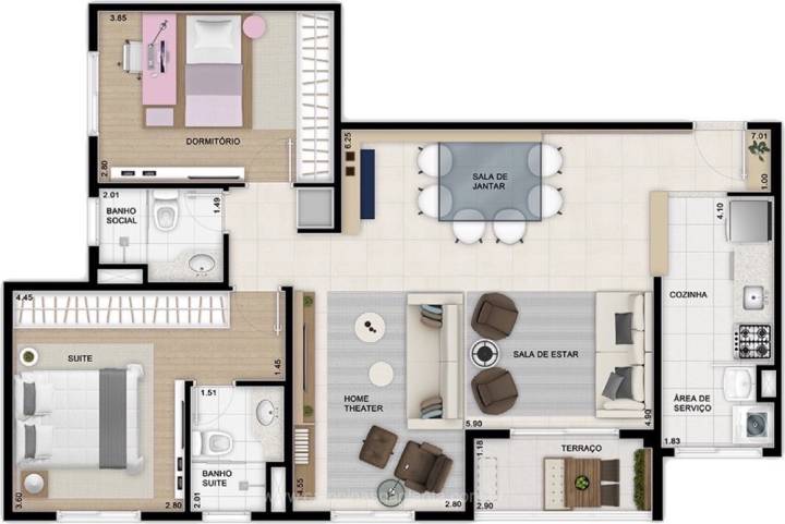 Planta opção humanizada de 85m² com 2 dormitórios (sendo 1 suíte)