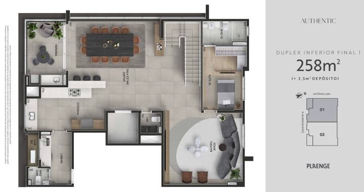 Planta pavimento inferior duplex 258m² no Authentic Cambuí