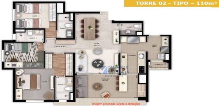Planta do apartamento de 110m² com 3 suítes no Luce Cambuí