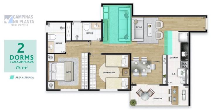 wish taquaral planta de 75 m² com 2 quartos (1 suíte) e sala ampliada