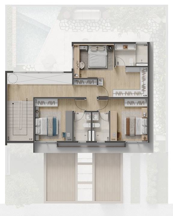 Planta do pavimento superior da Casa Aura, com 3 suítes, no condomínio Casa da Mata Gramado, um novo lançamento de casas na planta em Campinas.