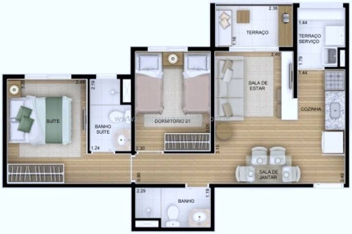 Planta humanizada da planta de 51m² com 2 dormitórios (sendo 1 suíte)