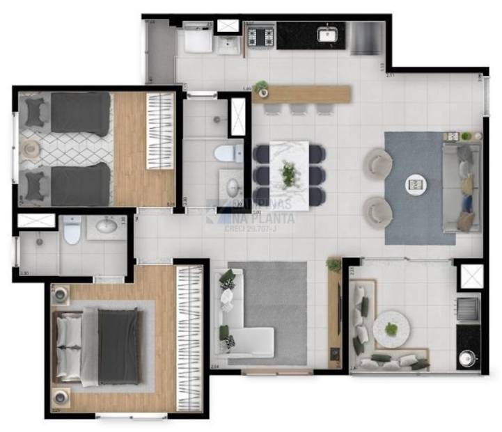 Oben Mansoes Planta 74m2 Living Ampliado 2 Dorm Sendo 1 Suite Cozinha Americana