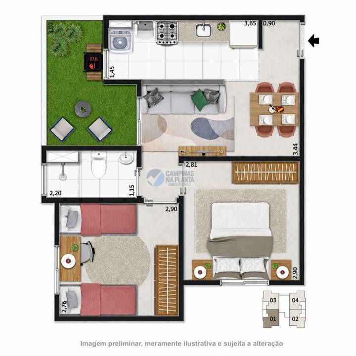 Planta do apartamento garden de 43 m² do Gran Vic Veredas