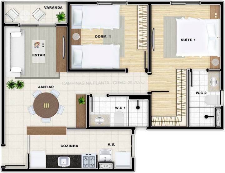 vivere residence campinas planta 56m² de ponta