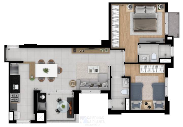 planta opcão 1 com 68m² lançamento Vizzi