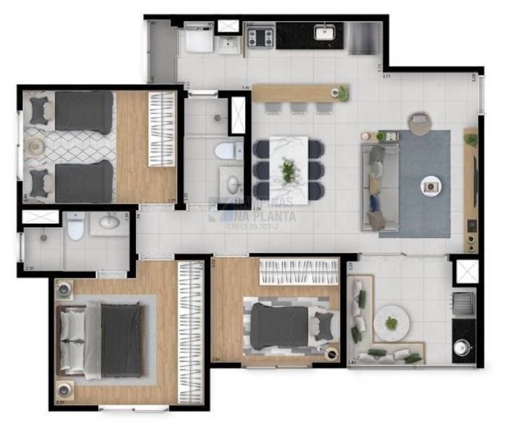 Oben Mansoes Planta 74m2 3 Dorm Sendo 1 Suite Cozinha Americana
