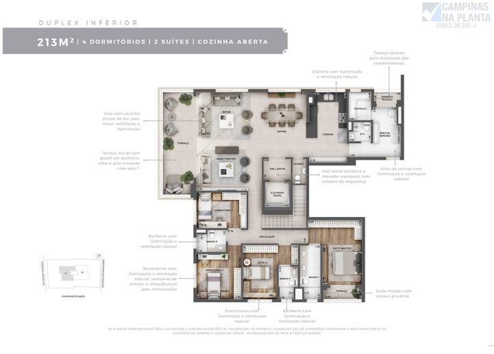 Planta do apartamento duplex inferior, com 4 quartos (sendo 2 suítes) e cozinha aberta do Severo 111