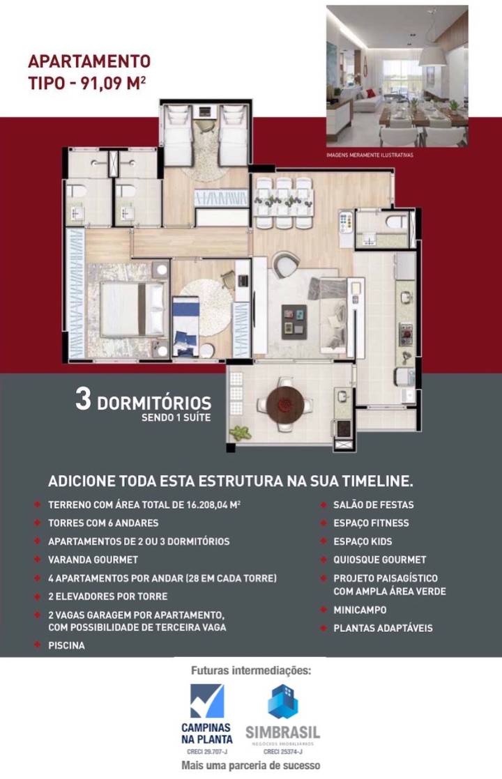 Villeneuve Residencial Swiss Park Breve Lancamento Imagem Ilustrativa Planta 3 Quartos